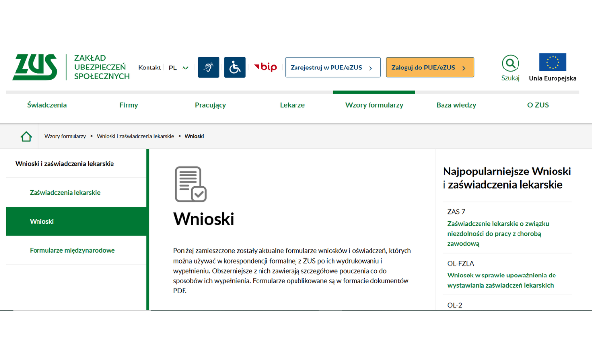 Strona ZUS składanie wniosków online.
